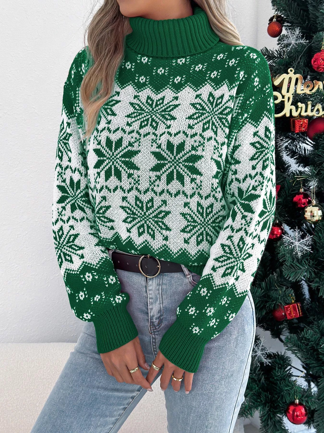 Crowned Energy CO. Green / S Trendsi Sweaters & Cardigans/Cardigans Christmas Snowflake Turtleneck Long Sleeve Sweater