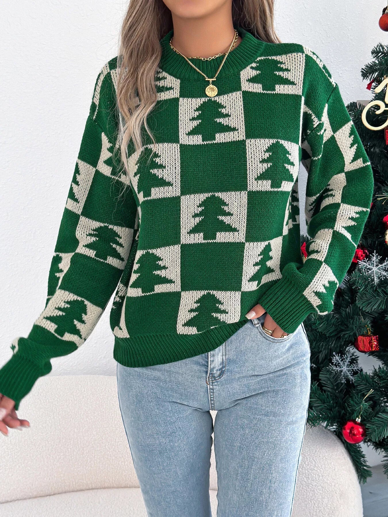 Christmas Tree Checkerboard Pattern Sweater - Goddess Vibes