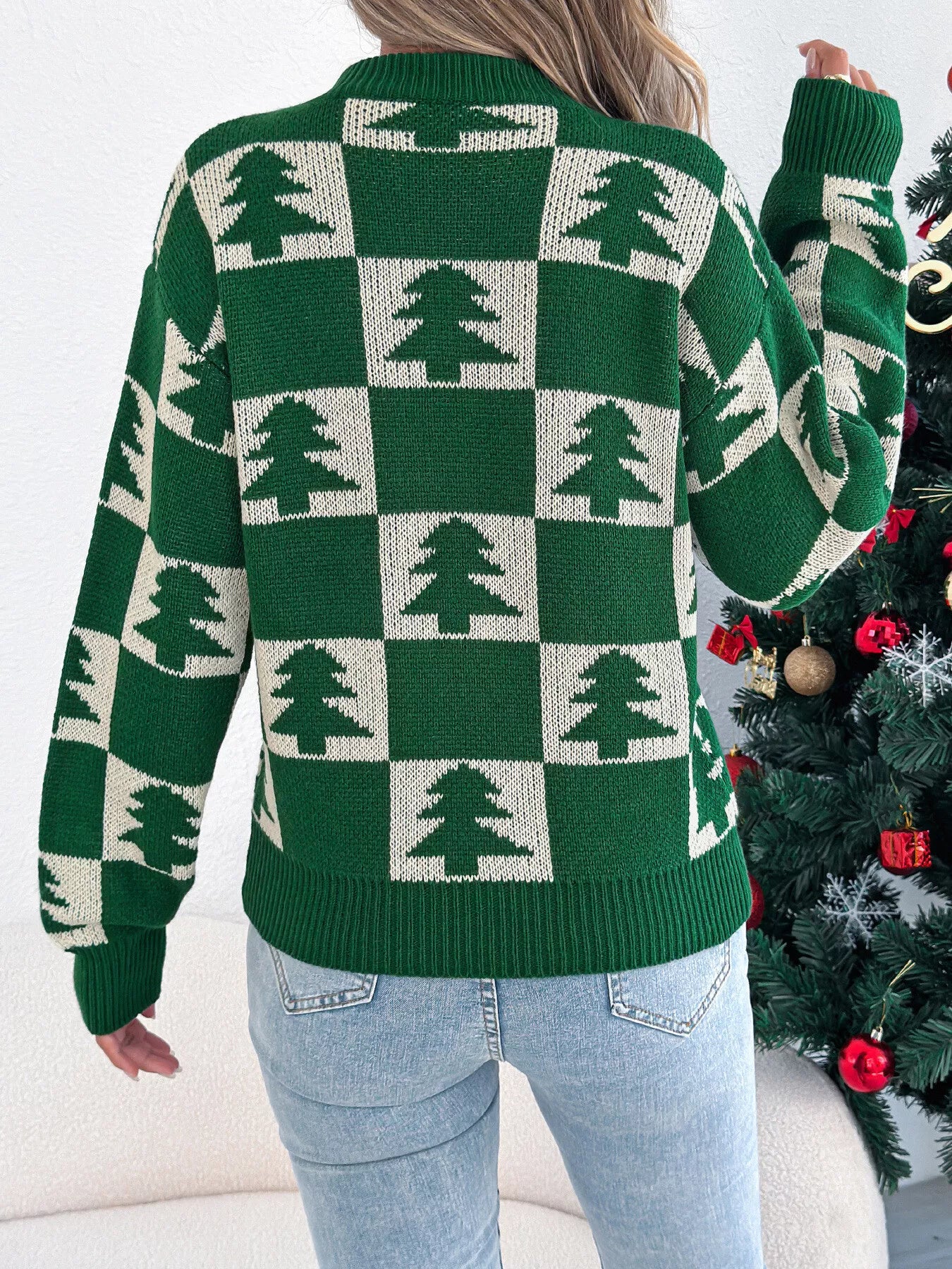 Christmas Tree Checkerboard Pattern Sweater - Goddess Vibes