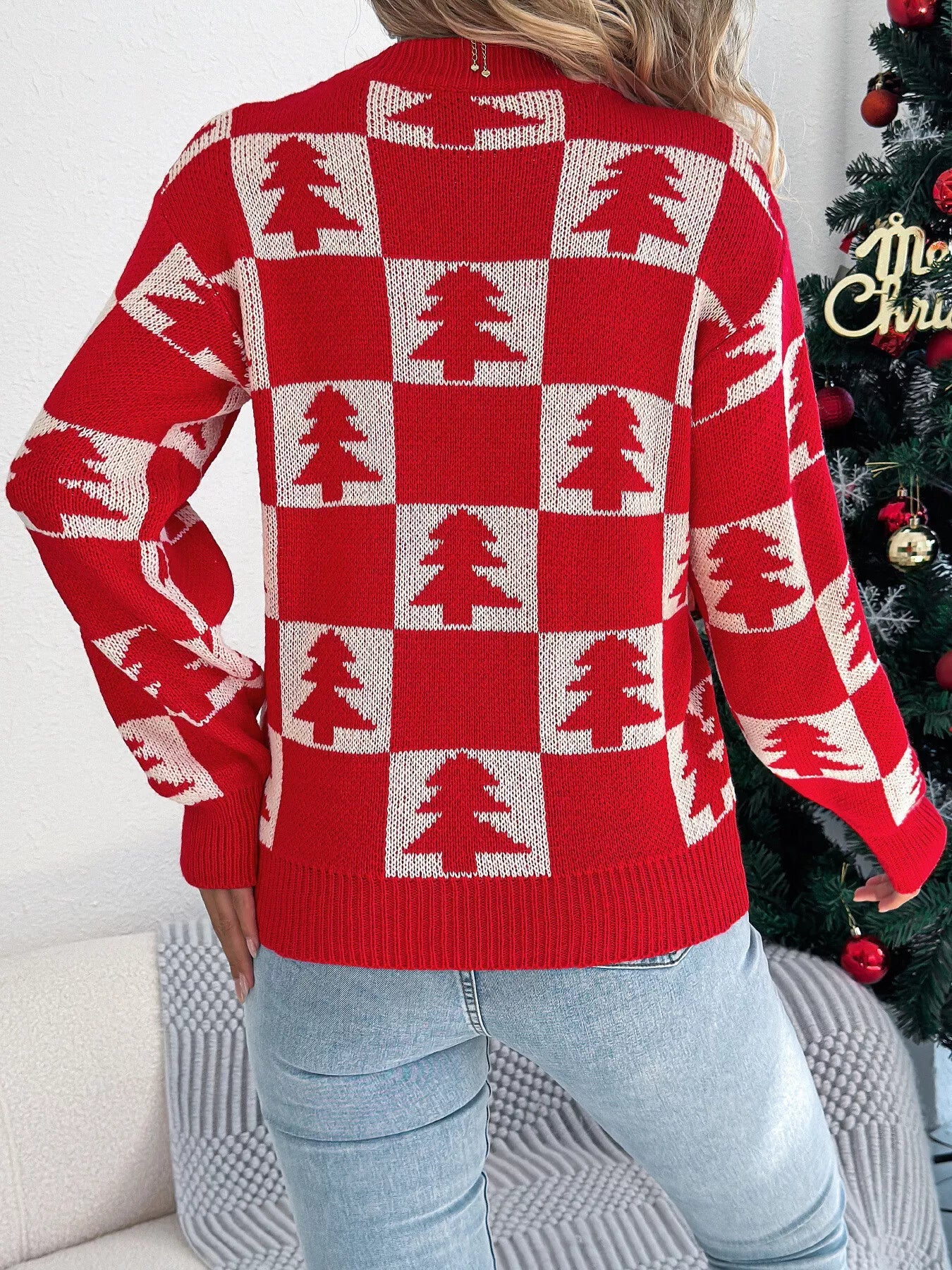 Christmas Tree Checkerboard Pattern Sweater - Goddess Vibes