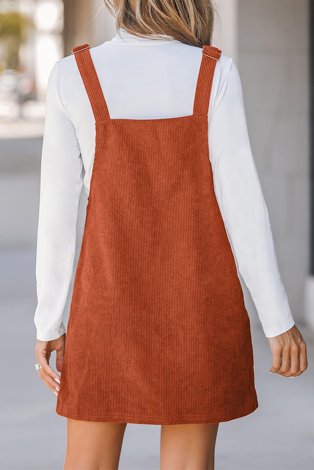 Crowned Energy CO. Cinnamon / S / 100%Polyester Dear-Lover Dropshipping Dresses/Mini Dresses Cinnamon Solid Front Pockets Sleeveless Corduroy Overall Dress