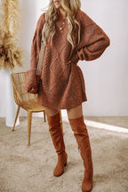 Coffee Cable Knit Drop Shoulder Loose Fit Sweater Dress - Goddess Vibes