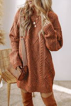 Coffee Cable Knit Drop Shoulder Loose Fit Sweater Dress - Goddess Vibes