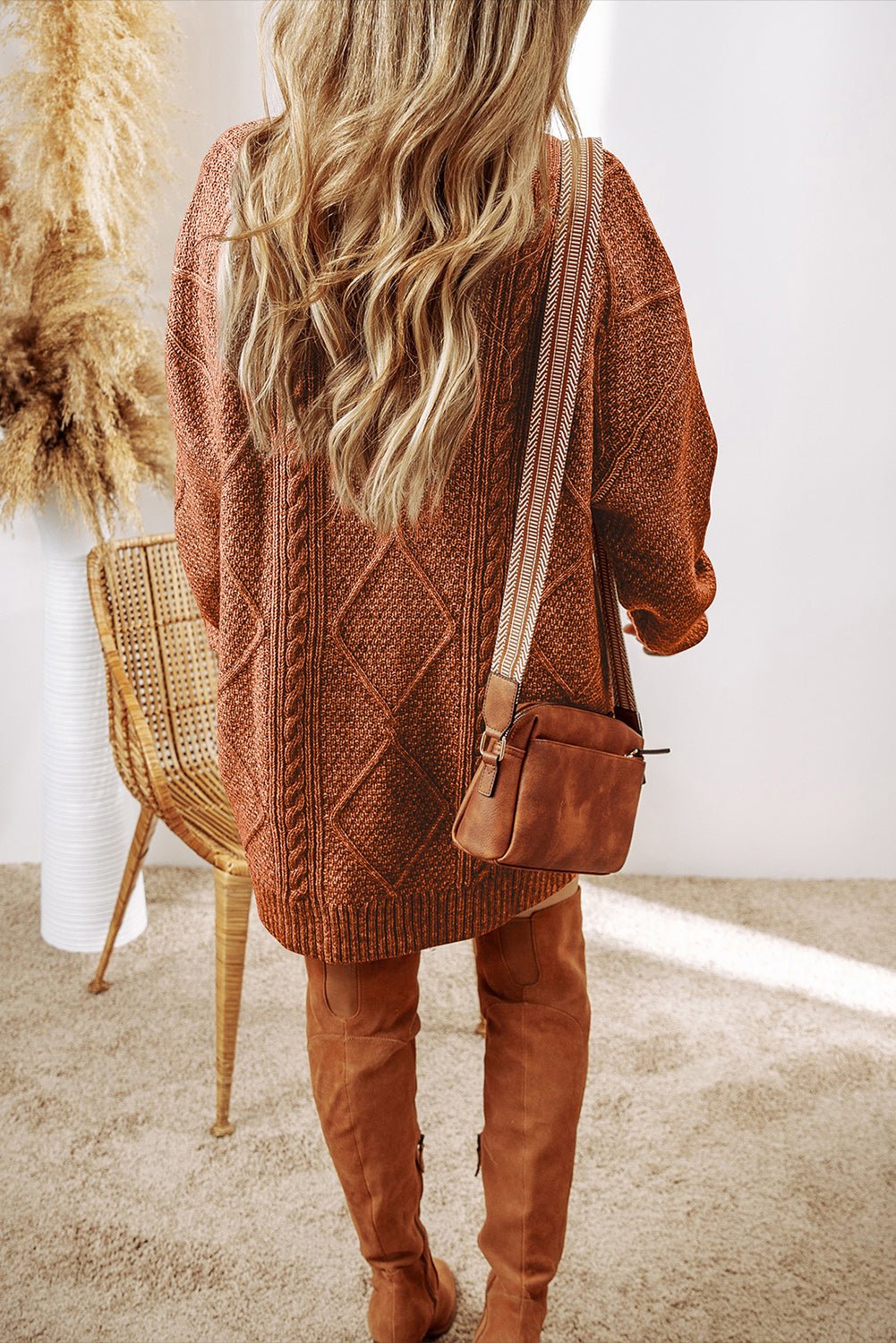 Coffee Cable Knit Drop Shoulder Loose Fit Sweater Dress - Goddess Vibes