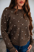 Coffee Dotted Print Ribbed Edge Knit Sweater - Crowned Energy CO.