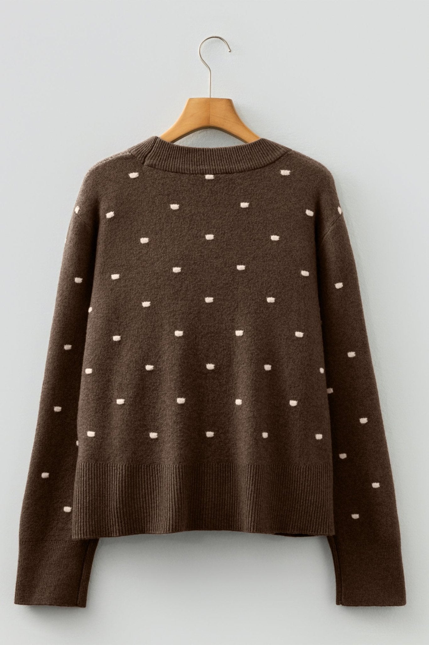 Coffee Dotted Print Ribbed Edge Knit Sweater - Crowned Energy CO.