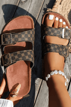 Coffee Geometric Print Cut Out Buckle PU Leather Flat Slippers - Goddess Vibes