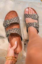 Coffee Geometric Print Cut Out Buckle PU Leather Flat Slippers - Goddess Vibes