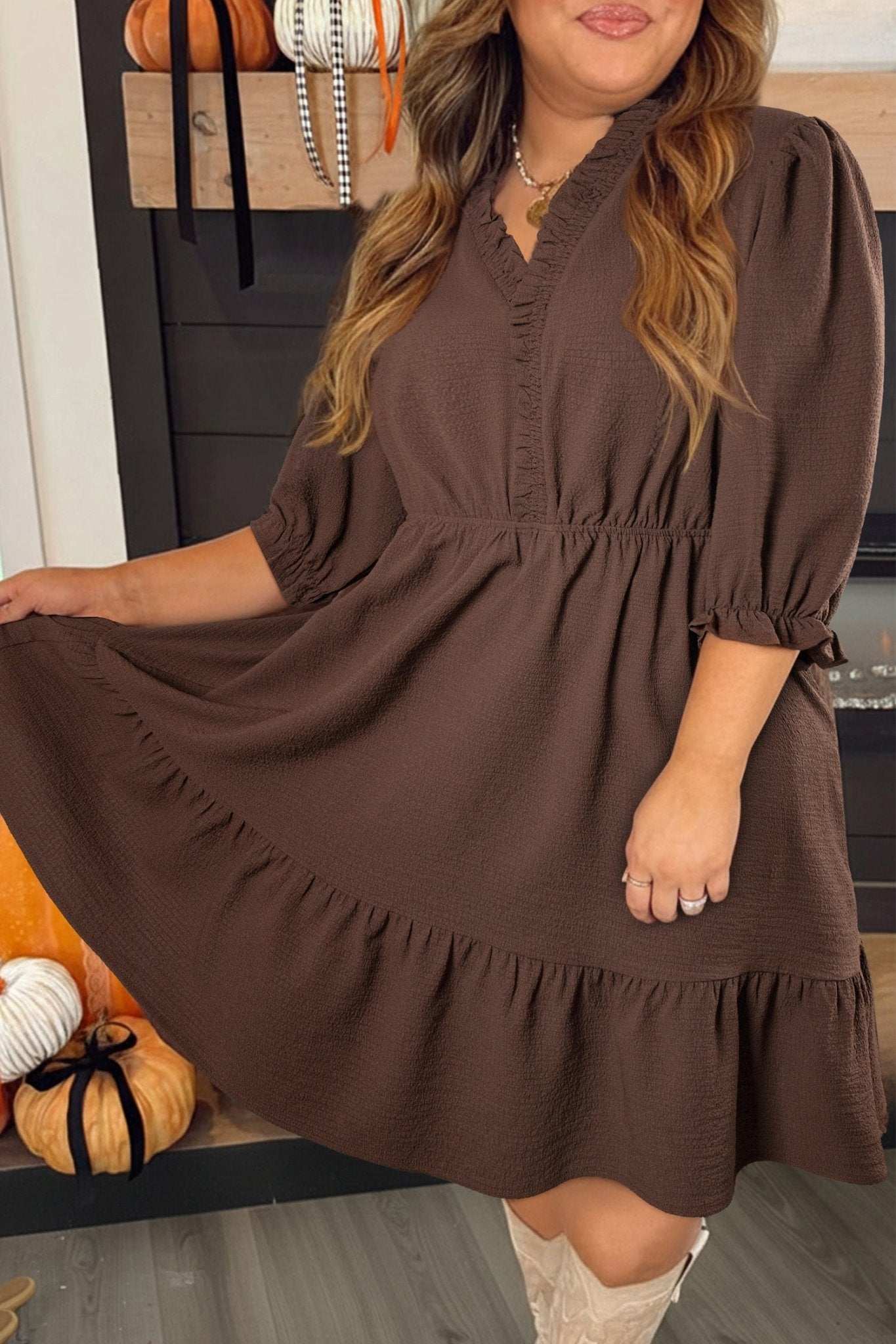 Coffee Plus Size Frilled Trim V Neck Puff Sleeve Textured Mini Dress - Crowned Energy CO.