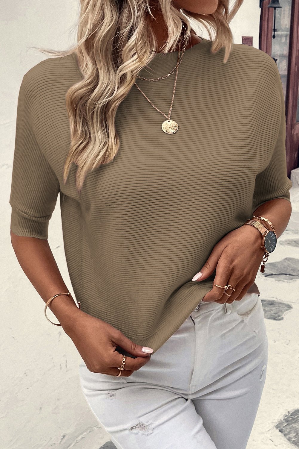 Coffee Round Neck Half Sleeve Ribbed Knit Top - Crowned Energy CO.