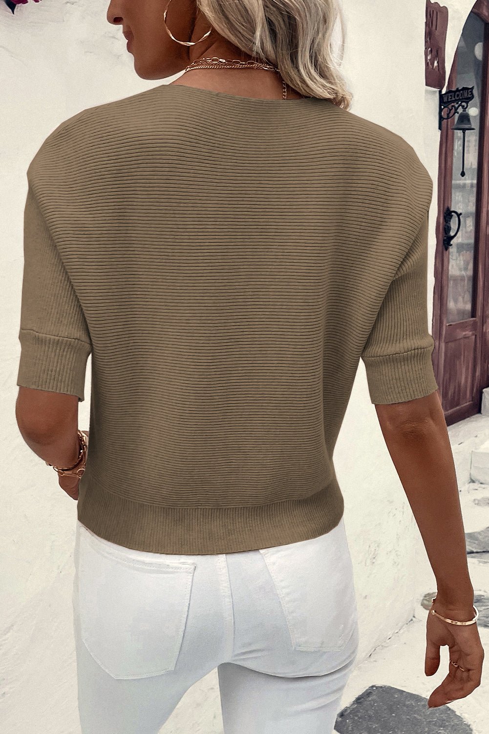 Coffee Round Neck Half Sleeve Ribbed Knit Top - Crowned Energy CO.