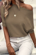 Coffee Round Neck Half Sleeve Ribbed Knit Top - Crowned Energy CO.