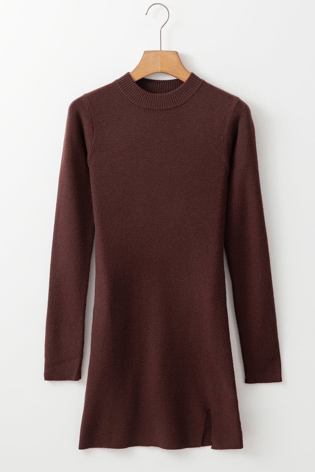 Coffee Slim Fit Mock Neck Side Slit Sweater Dress - Crowned Energy CO.