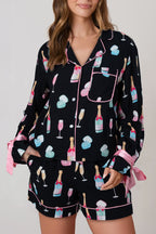 Color black Christmas Wine Glass Print Bow Knot Two Piece Pajama Set - Crowned Energy CO.