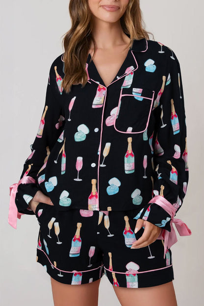 Color black Christmas Wine Glass Print Bow Knot Two Piece Pajama Set - Crowned Energy CO.