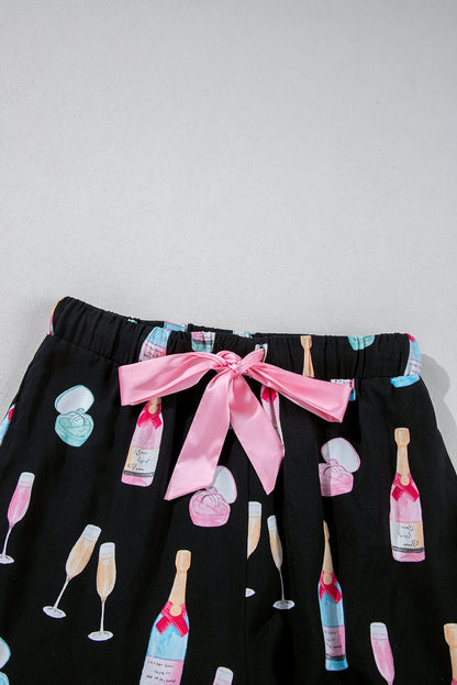 Color black Christmas Wine Glass Print Bow Knot Two Piece Pajama Set - Crowned Energy CO.