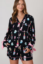 Color black Christmas Wine Glass Print Bow Knot Two Piece Pajama Set - Crowned Energy CO.