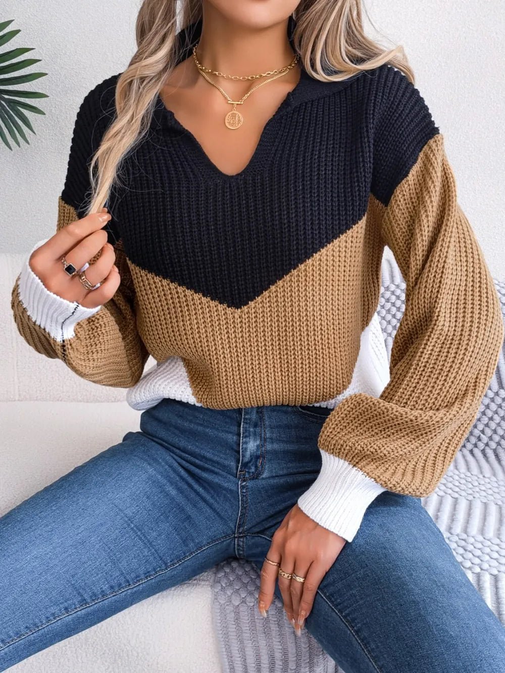 Color Block Dropped Shoulder Sweater - Crowned Energy CO.