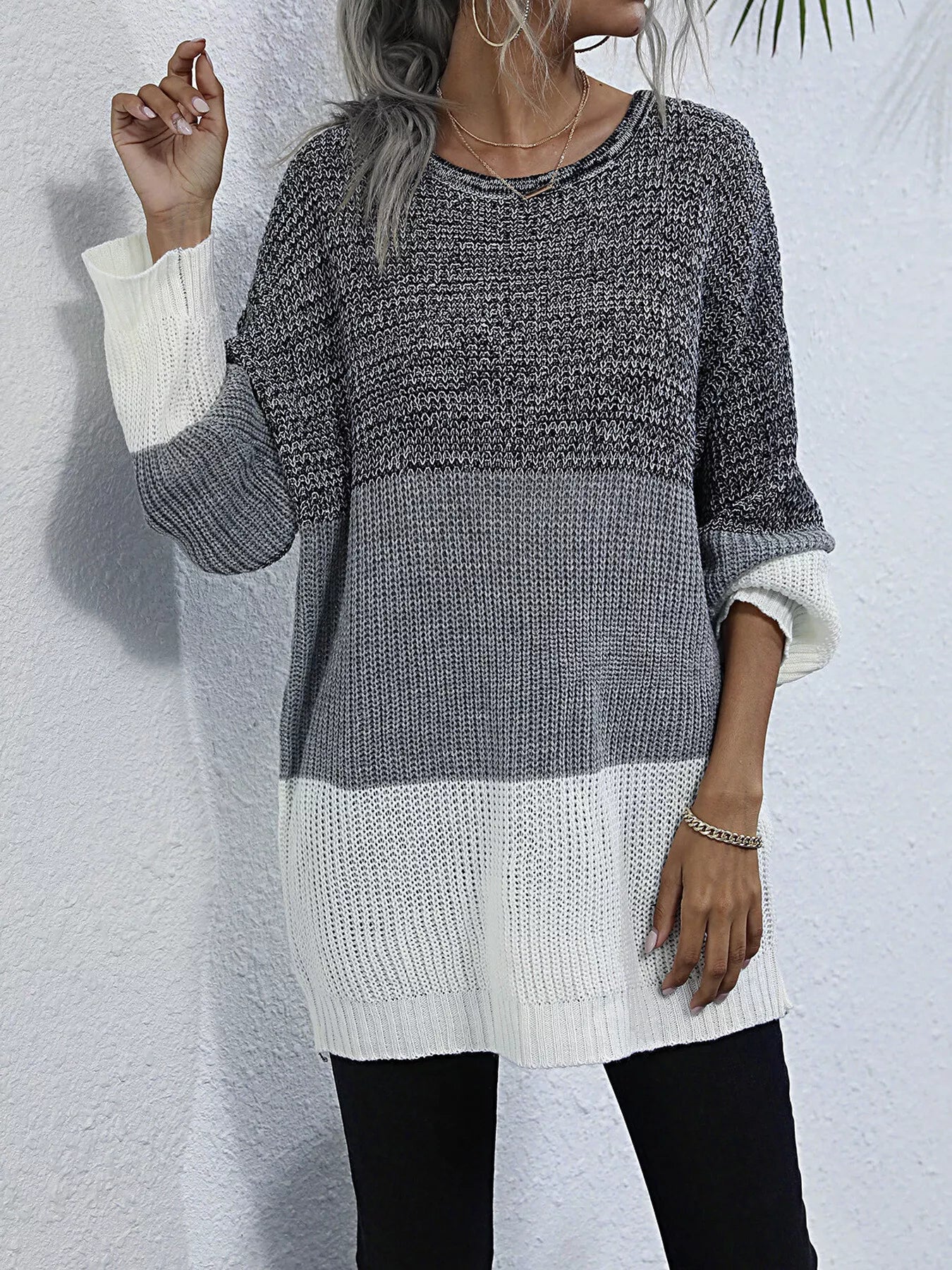 Color Block Round Neck Oversized Sweater - Crowned Energy CO.