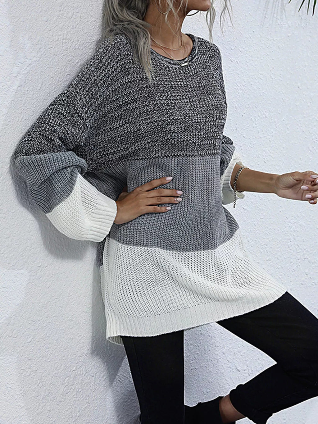 Color Block Round Neck Oversized Sweater - Crowned Energy CO.