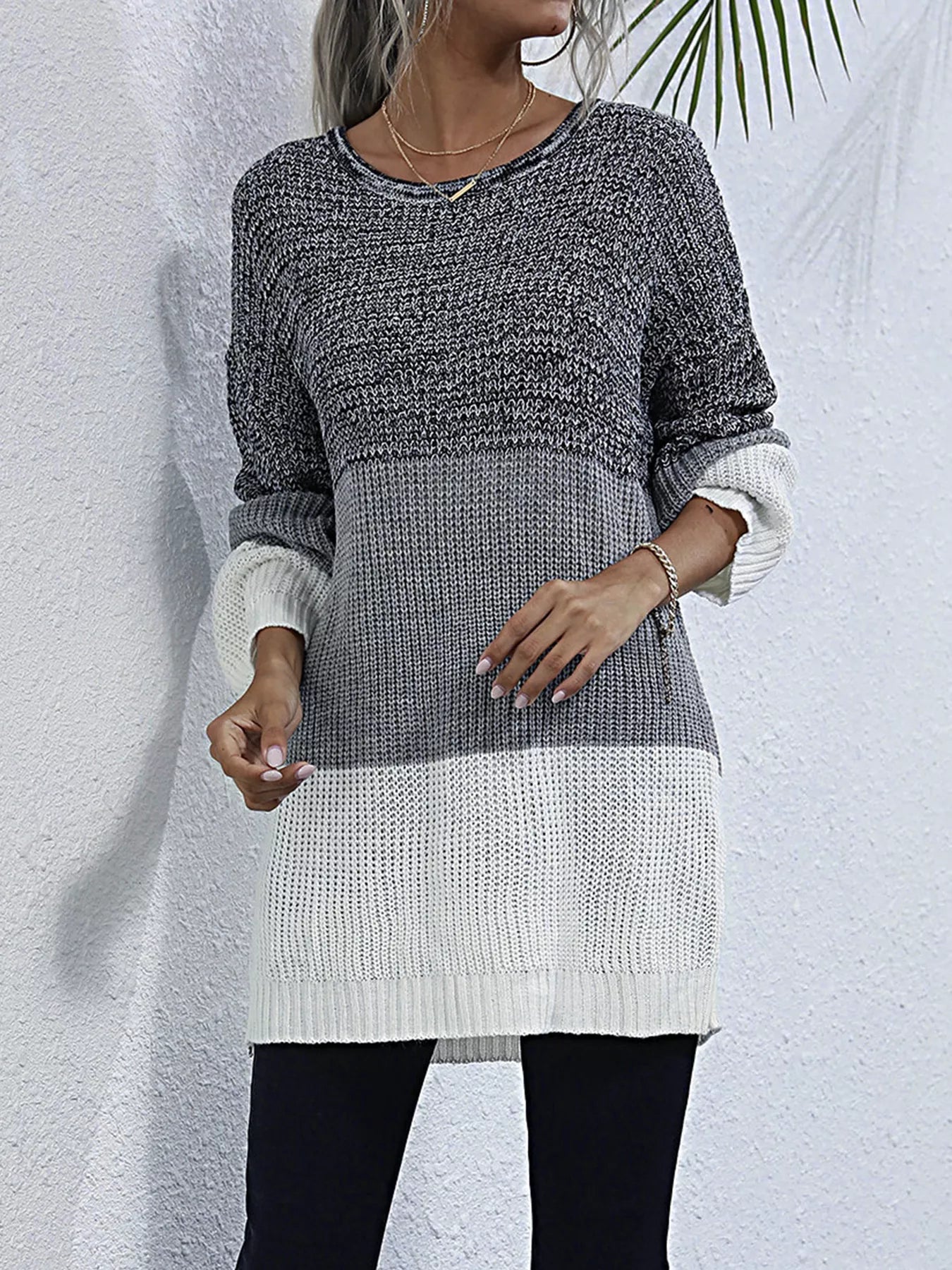 Color Block Round Neck Oversized Sweater - Crowned Energy CO.
