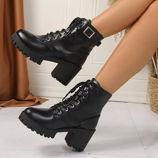 Combat Lace Up Boots with Buckle Straps - Goddess Vibes