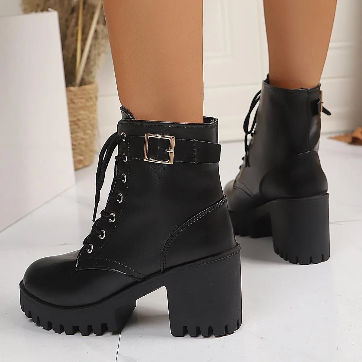 Combat Lace Up Boots with Buckle Straps - Goddess Vibes