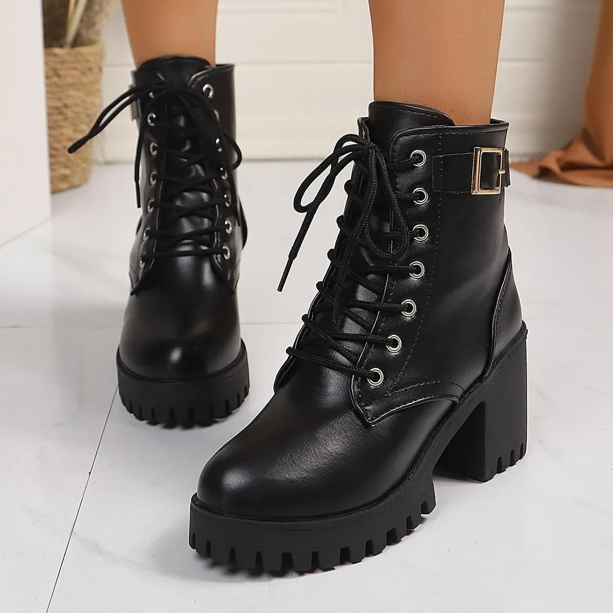 Combat Lace Up Boots with Buckle Straps - Goddess Vibes