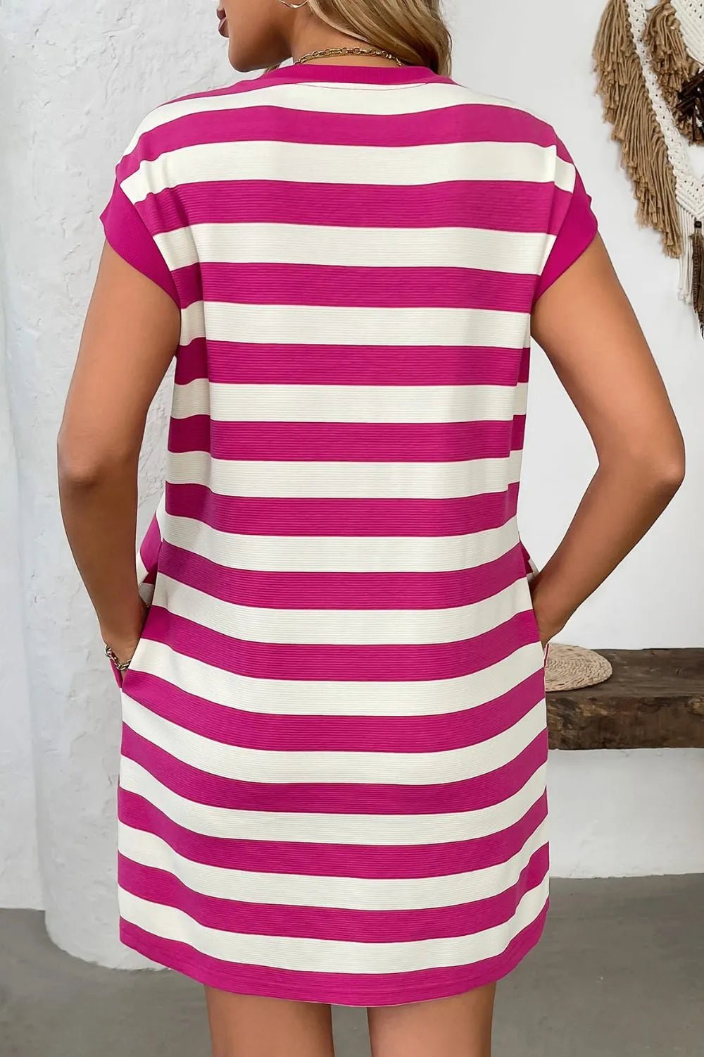 Contrast Striped Round Neck Short Sleeve Mini Dress - Crowned Energy CO.