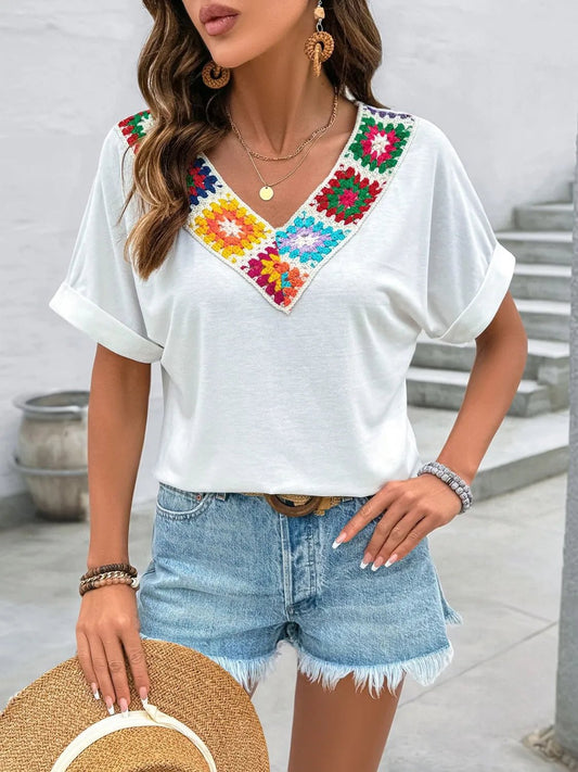 Contrast V - Neck Short Sleeve Top - Crowned Energy CO.