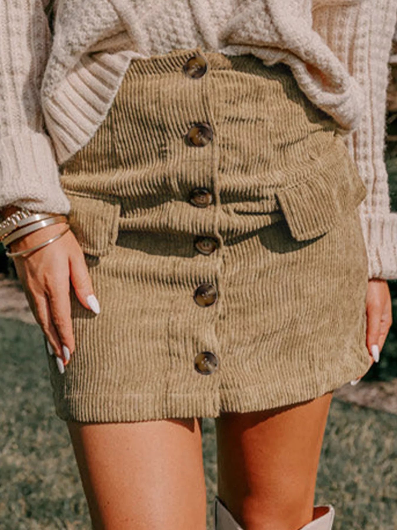 Corduroy Buttoned Front Mini Skirt - Goddess Vibes