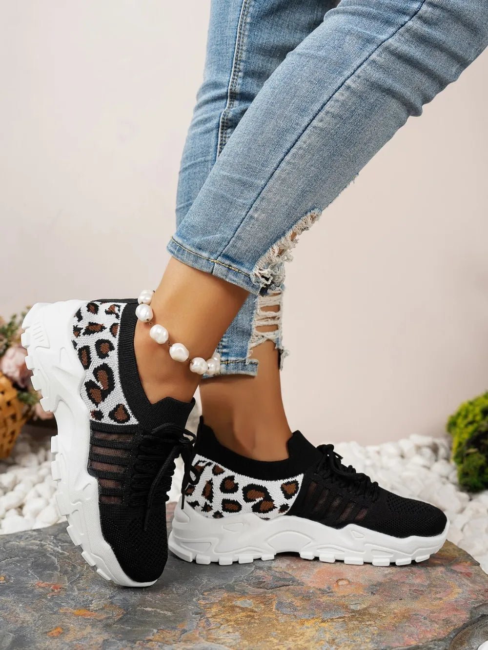 Cutout Leopard Lace Up Mesh Athletic - Crowned Energy CO.