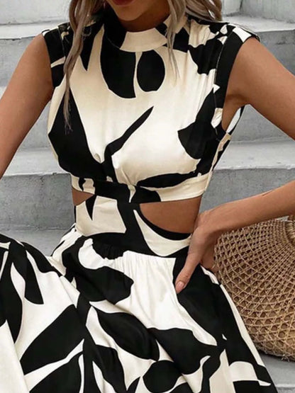 Cutout Printed Sleeveless Dress - Goddess Vibes