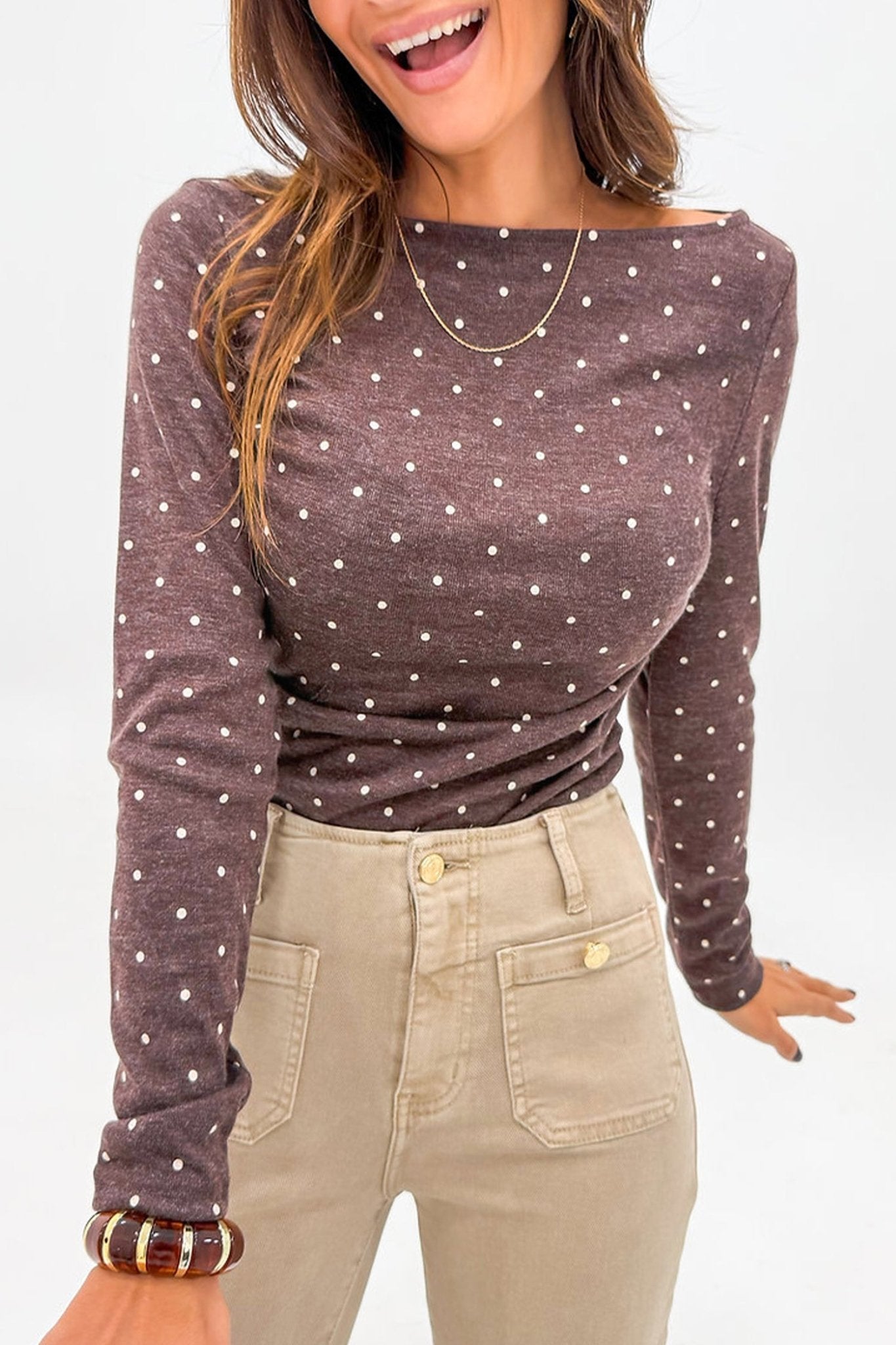 Dark Brown Polka Dot Boat Neck Knit Long Sleeve T Shirt - Crowned Energy CO.