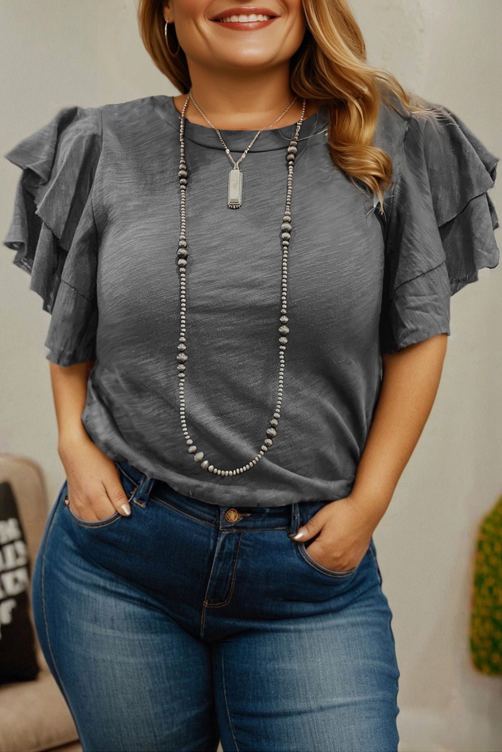 Crowned Energy CO. Dark Grey / 1X / 65%Polyester+35%Cotton Dear-Lover Dropshipping Plus Size/Plus Size Tops/Plus Size Tops & Tees Dark Grey Double Ruffled Short Sleeve Plus Size Top