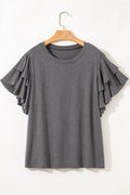 Crowned Energy CO. Dark Grey / 1X / 65%Polyester+35%Cotton Dear-Lover Dropshipping Plus Size/Plus Size Tops/Plus Size Tops & Tees Dark Grey Double Ruffled Short Sleeve Plus Size Top