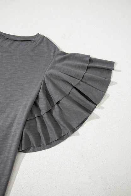 Dark Grey Double Ruffled Short Sleeve Plus Size Top - Goddess Vibes