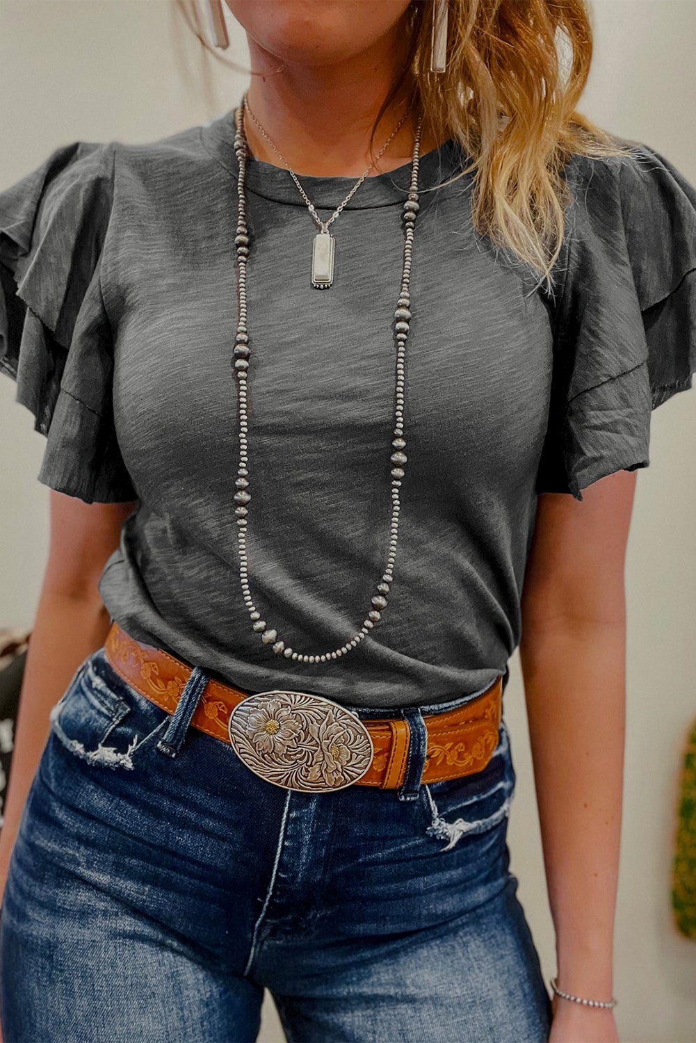 Dark Grey Layered Ruffle Short Sleeve Round Neck Top - Goddess Vibes