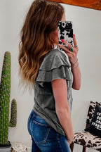 Dark Grey Layered Ruffle Short Sleeve Round Neck Top - Goddess Vibes