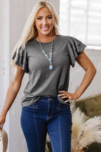 Dark Grey Layered Ruffle Short Sleeve Round Neck Top - Goddess Vibes