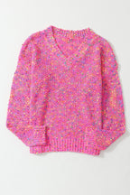 Dark Pink Colorful Spots Knitted V Neck Casual Sweater - Goddess Vibes