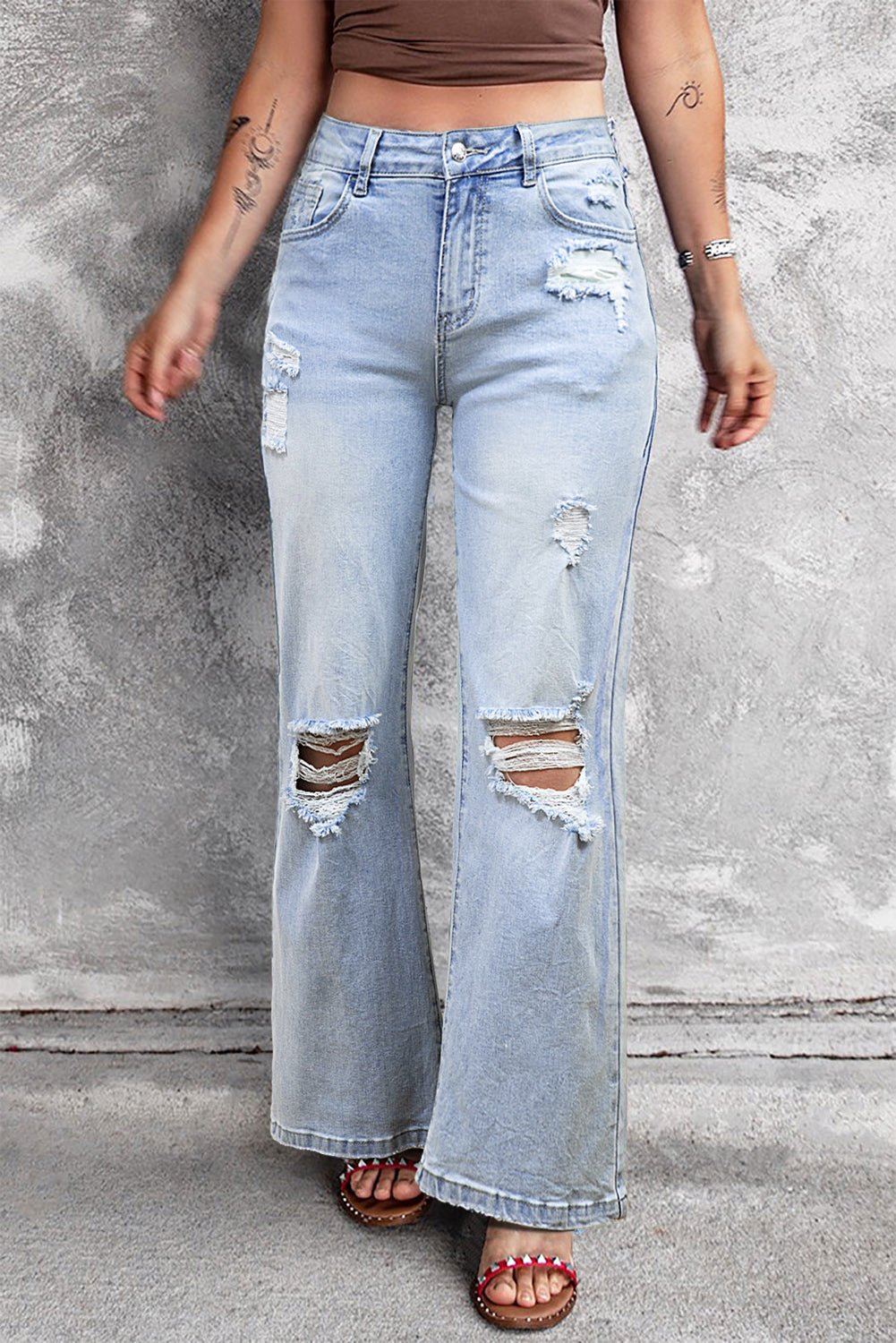 DEAR - LOVER Beau Blue Vintage Light Wash Distressed Flare Jeans - Crowned Energy CO.