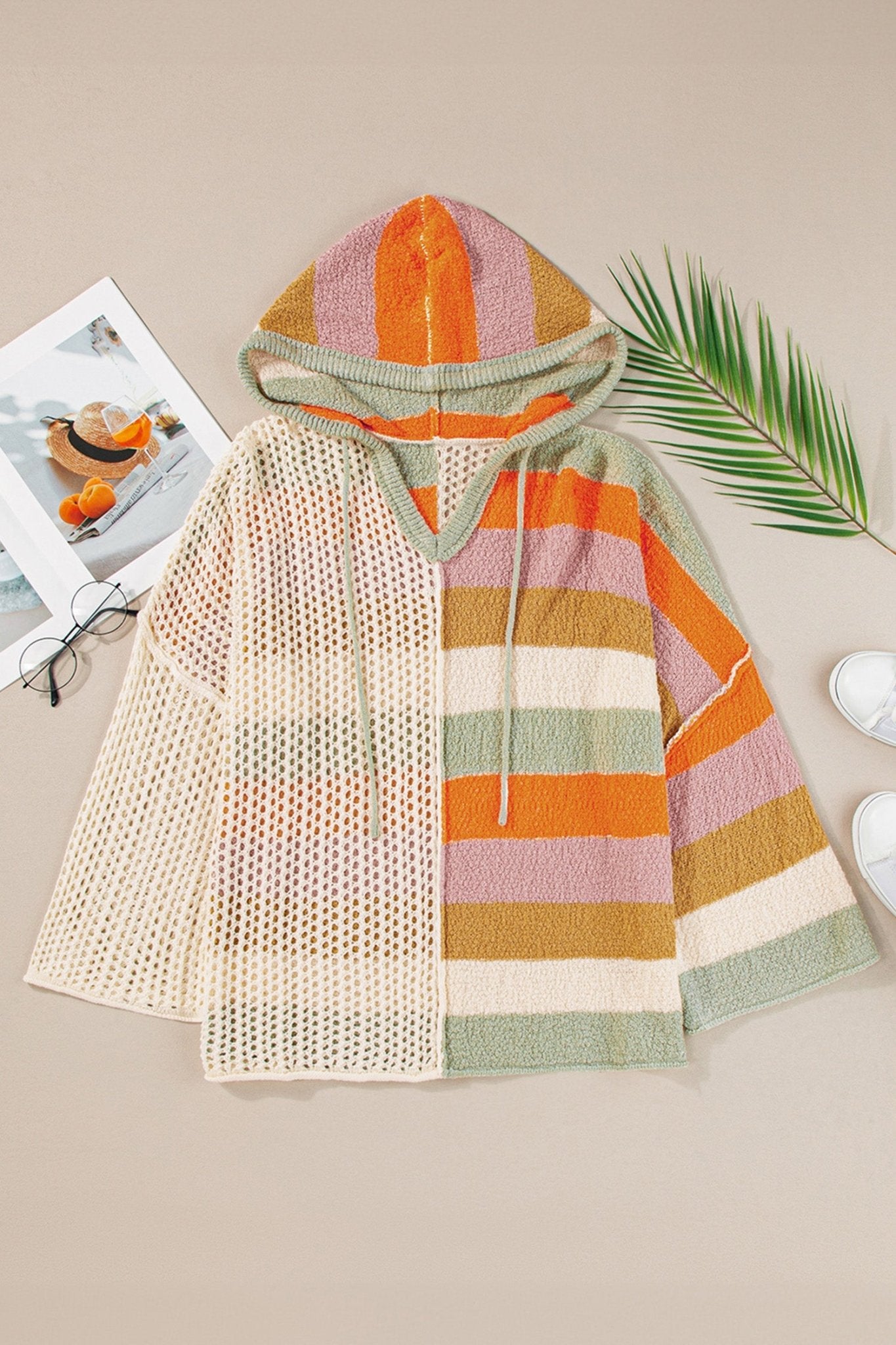 DEAR - LOVER Beige Oversized Colorblock V Neck Hooded Sweater - Crowned Energy CO.
