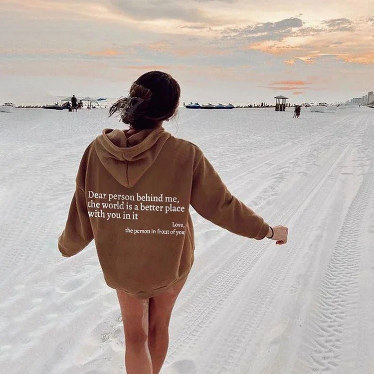 Crowned Energy CO. Khaki / 2XL Goddess Vibes Hoodie Dear Person Behind Me Hoodie – Cozy Unisex Plush Letter Print Sweatshirt