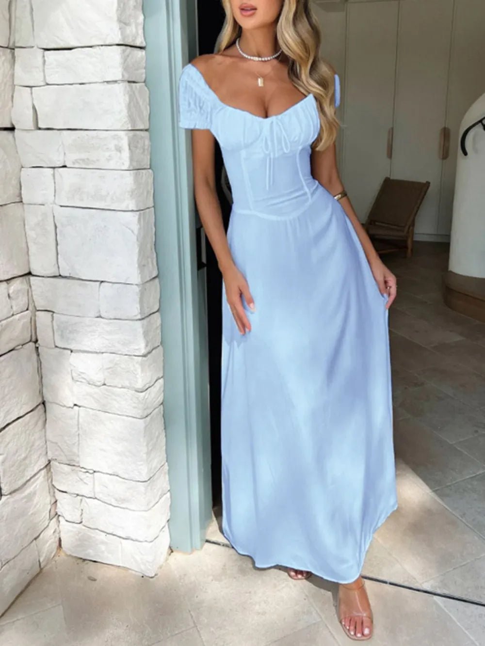 Devine Sweetheart Neck Short Sleeve Maxi Dress - Crowned Energy CO.