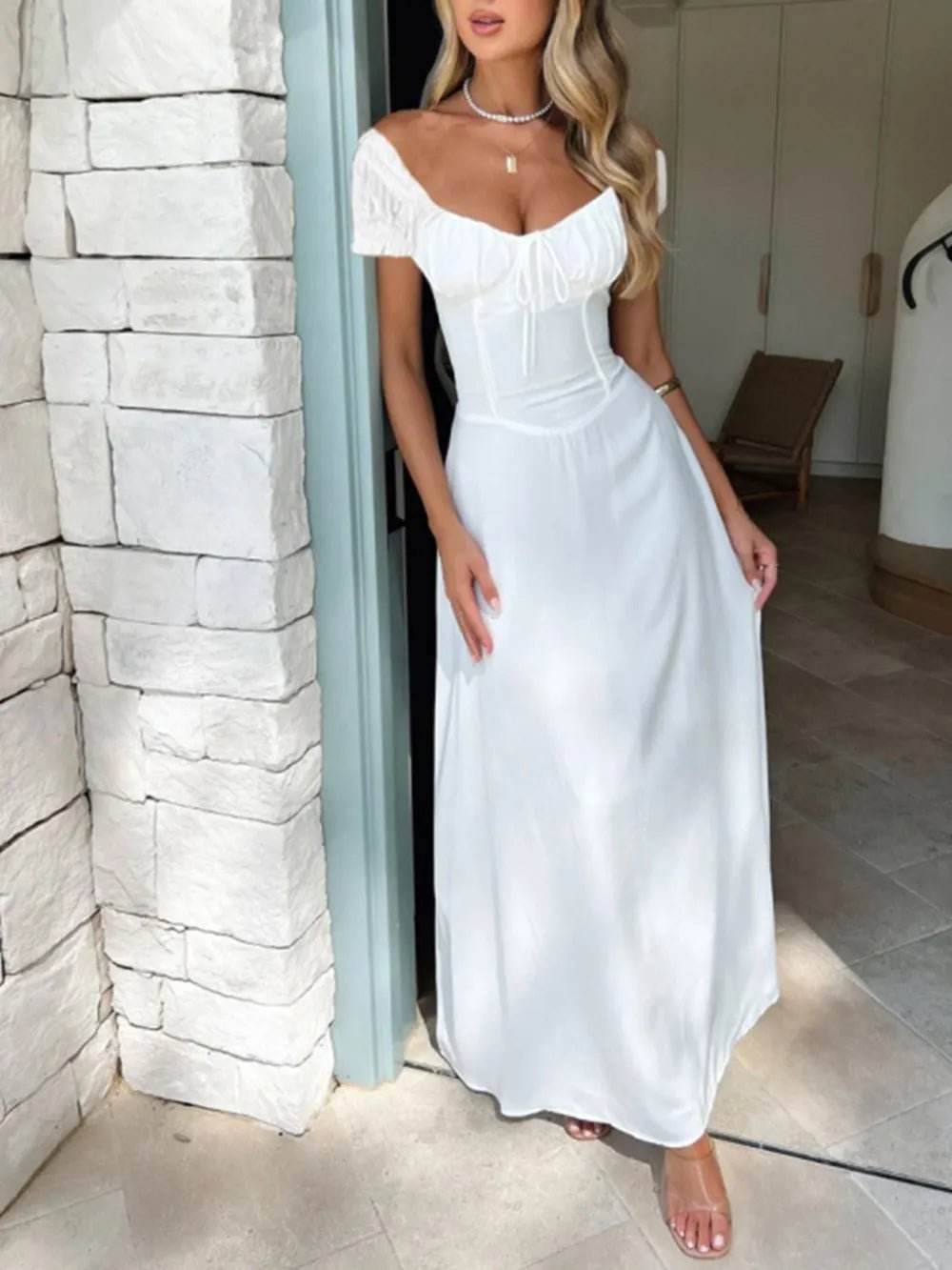 Devine Sweetheart Neck Short Sleeve Maxi Dress - Crowned Energy CO.