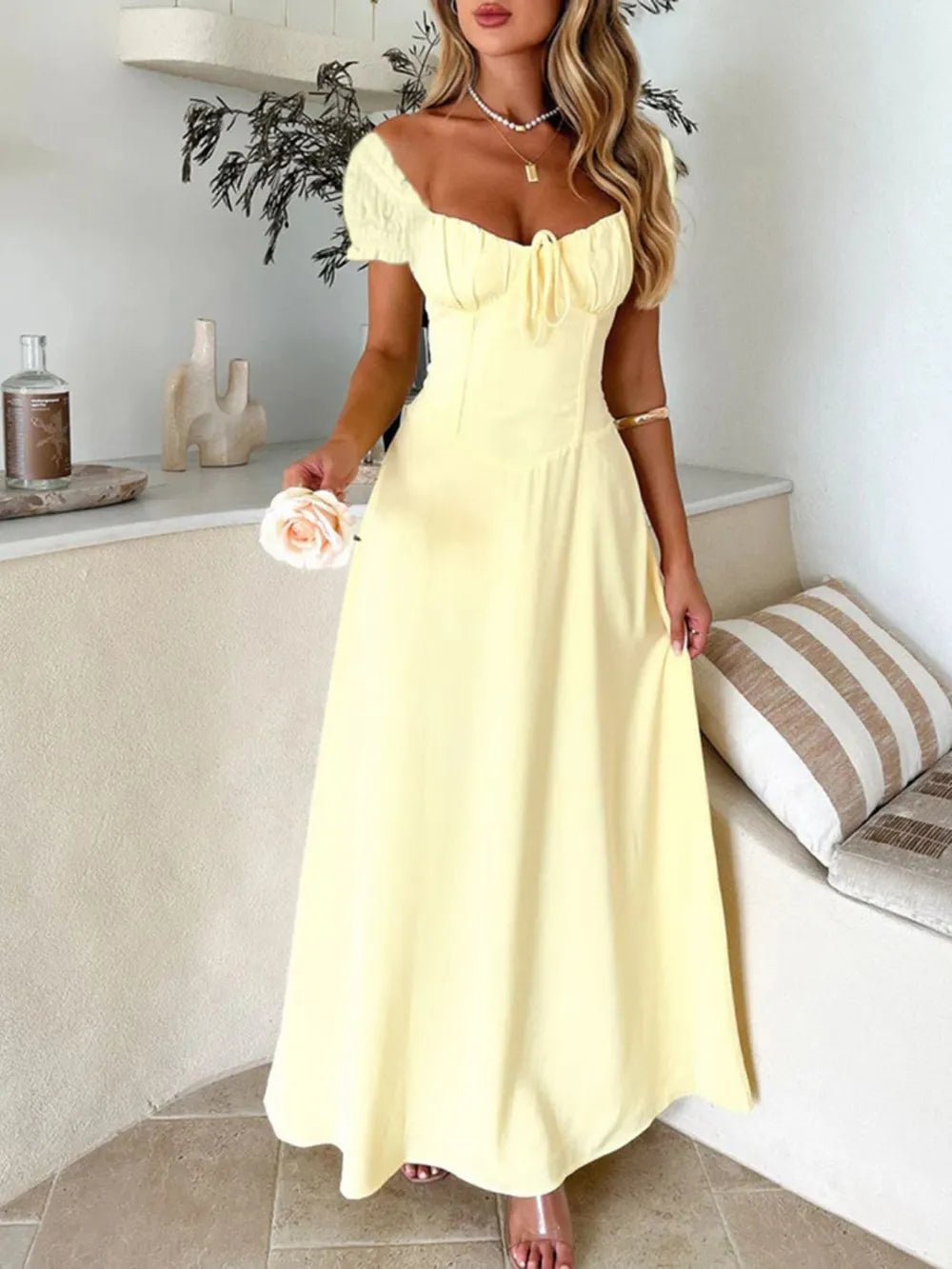 Devine Sweetheart Neck Short Sleeve Maxi Dress - Crowned Energy CO.