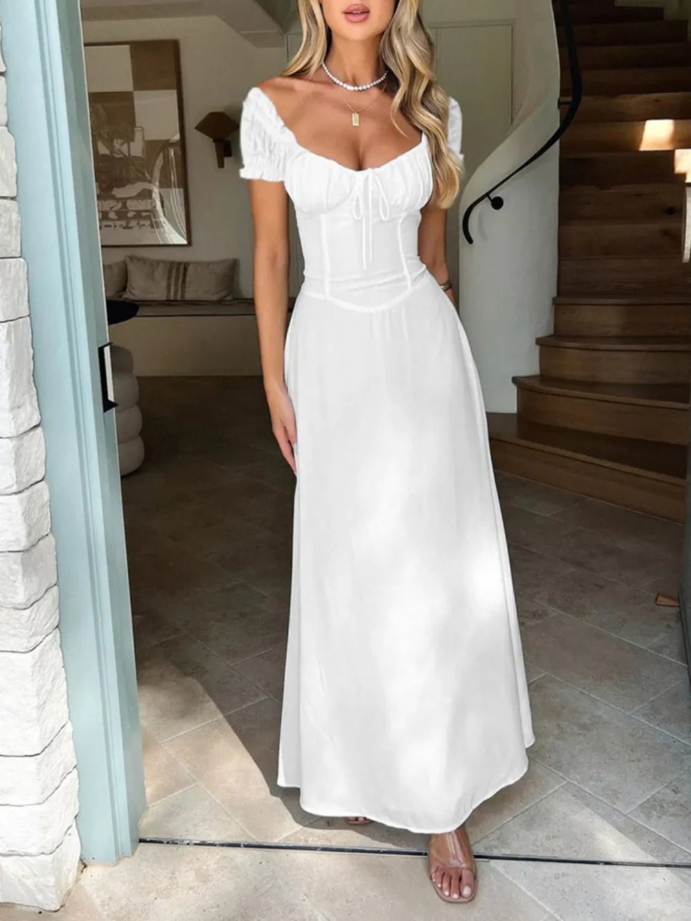 Devine Sweetheart Neck Short Sleeve Maxi Dress - Crowned Energy CO.
