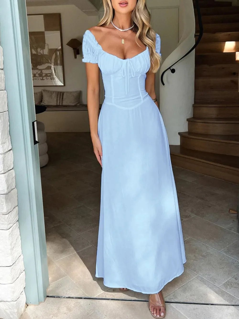 Devine Sweetheart Neck Short Sleeve Maxi Dress - Crowned Energy CO.