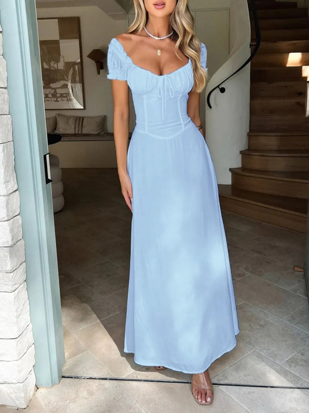 Devine Sweetheart Neck Short Sleeve Maxi Dress - Crowned Energy CO.